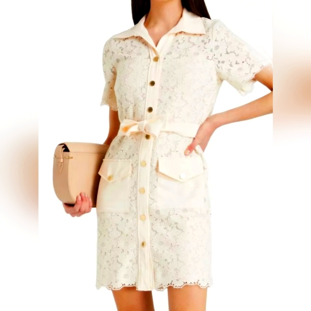 $445 NWT SANDRO Adrienne Lace Dress in Ecru Size FR 42 US 10